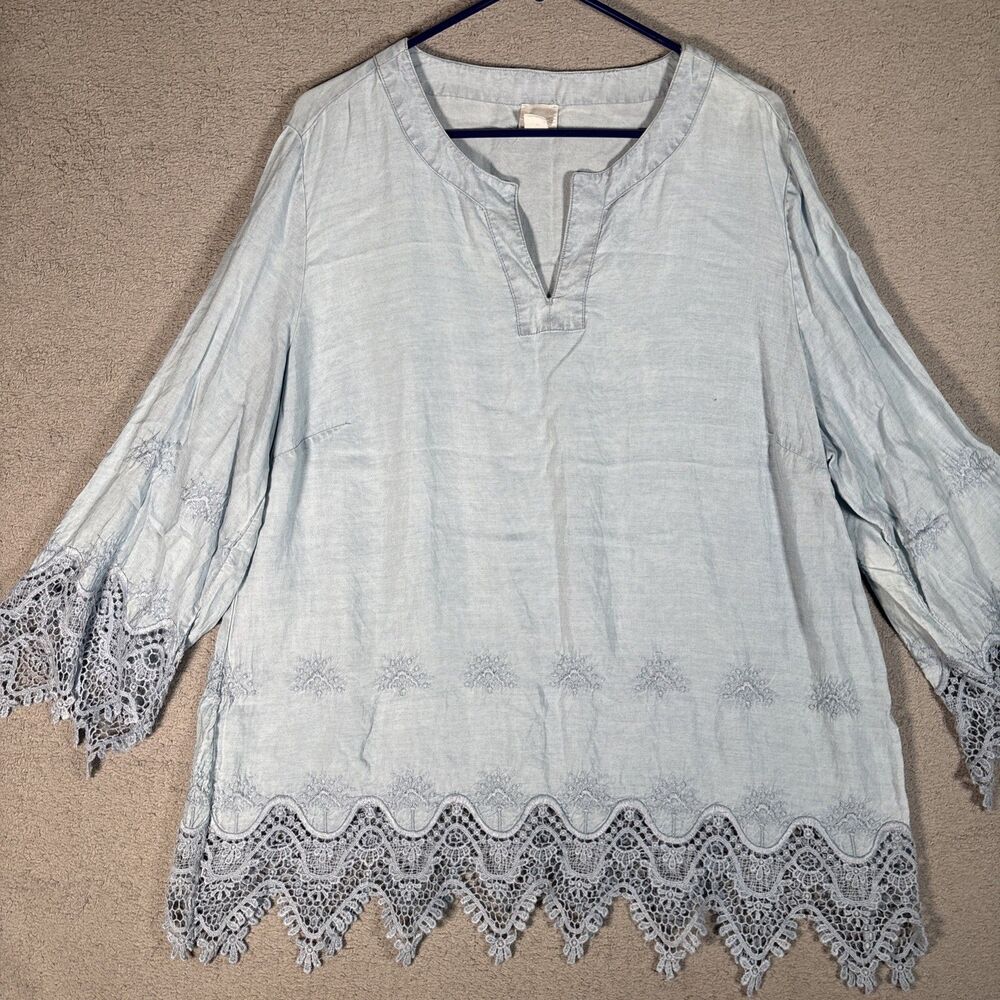 Chicos Tunic Top Size XL‎ (3) Powder Blue Crochet Boho Bohemian Fairy Witchy - Picture 2 of 16
